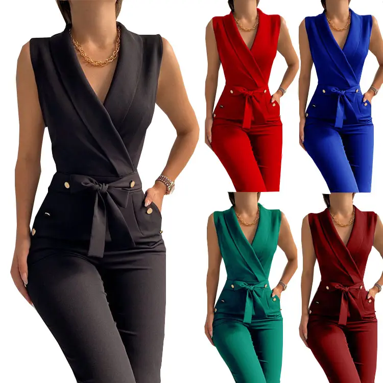 Summer Design Elegance Office Wear Women Sleeveless V Neck High Quality Sexy One Piece Jumpsuits Slim Fit Black Pants Suits