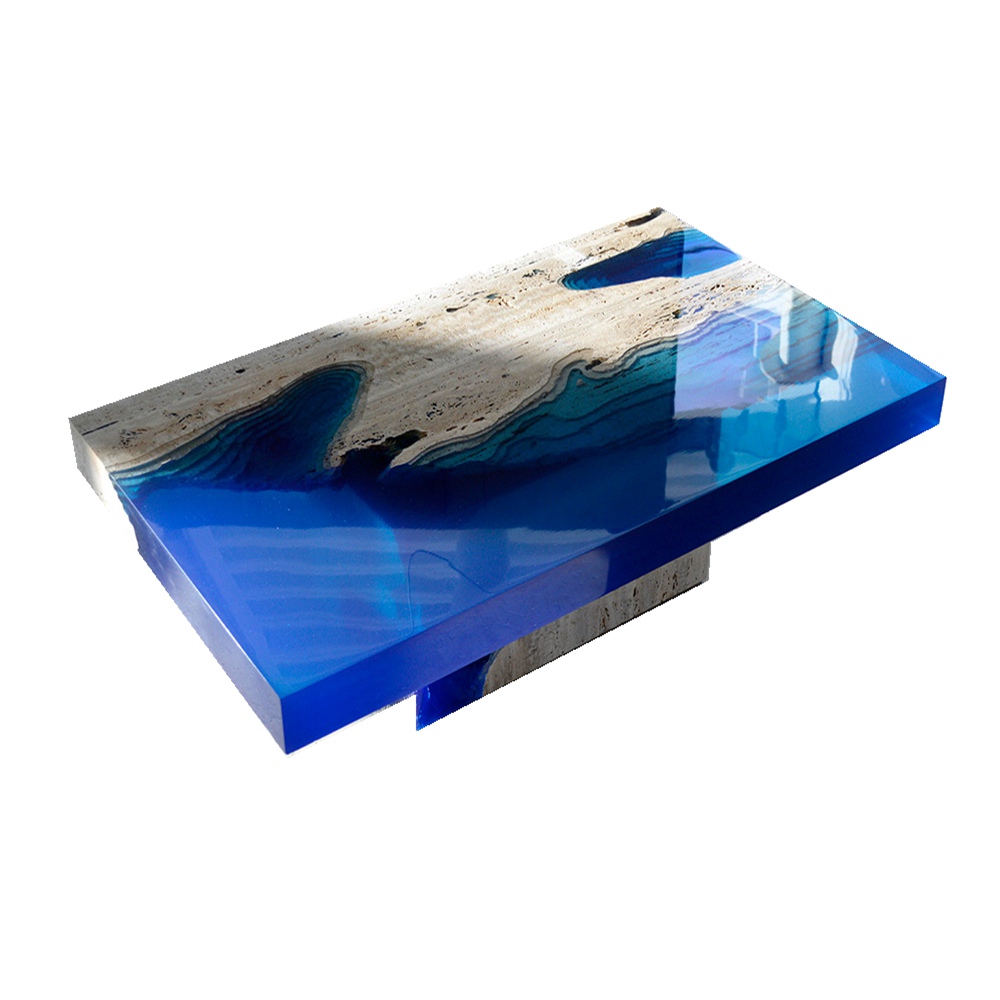 Художественный Ручной работы синий океан Лагуна Травертин Мрамор Merges Смола ручной работы журнальный столик