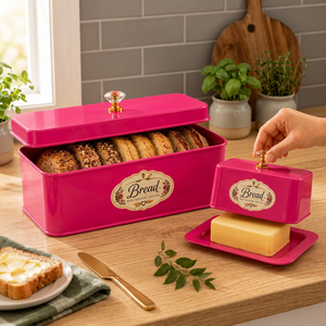 Pink Metal Bread Box with Lid <b>Crystal</b> <b>Knob</b> Vintage Butter Dish Set Kitchen Food Storage Container - Product Image 2