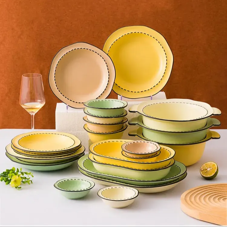 Modern Design Ceramic Dinnerware Tableware Sets Rice Soup Bowl Ceramic Dishes Plates Set Full Porcelain Dinner Set For Home