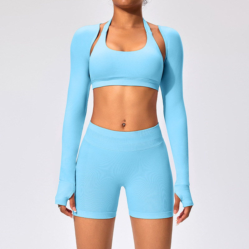 Ice blue shorts, shawl, and bra three-piece set