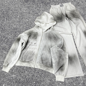 ชุดวอร์มผ้าฝ้ายมีซิปสำหรับผู้ชายพิมพ์ลาย DTG สีสเปรย์ซักสกปรก - Product Image 1