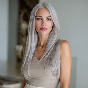 Nouvelle perruque en fibre chimique naturelle douce, cheveux longs et raides gris de 26 pouces, style Words Temperament. SM014 - Product Image 5