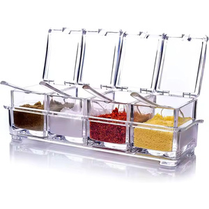 Clear Seasoning Rack Spice Pots - 4 Piece Storage Container Condiment Jars - Acrylic Seasoning <b>Box</b>, Cruet with Cover and Spoon - Product Image 1