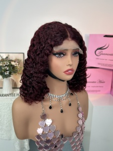 Precio al por mayor: Peluca de lujo 5x5 con cierre, cabello humano virgen birmano rizado color vino, sin pegamento, negro. - Product Image 3