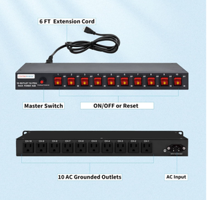 Barre d'alimentation horizontale 1U pour montage en rack, protection contre les surtensions 100V-240V/15A 1800 <span class=keywords><strong>Joules</strong></span>, 10 interrupteurs LED indépendants, PDU pour l'industrie - Product Image 2
