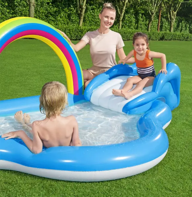 Piscina de fonte de arco-íris inflável, mini aspersor de água com escorregador, piscina infantil