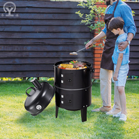 Barbecue à charbon de bois sans fumée 3 en 1 luxueux en acier chromé, grille de cuisson, fumoir, 3 étages, tour verticale, baril BBQ
