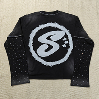 Personnalisé Applique Broderie Patchwork Coton Lourd Lavage À L'acide Strass Boxy Double Couche À Manches Longues T-shirts pour Hommes