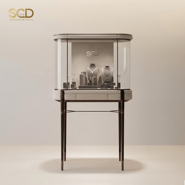 Luxury Curved Tempered Glass Jewelry Display Table Panoramic Showcase Thin Metal Leg High End Retail Store Fixture OEM
