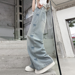 Nouveau <span class=keywords><strong>Jean</strong></span> en Denim Ample et Droit pour Filles, Pantalon <span class=keywords><strong>Large</strong></span> Brodé avec Nœud pour Enfants, Décontracté et Long, Collection Printemps-Automne - Product Image 3