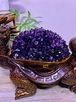 Statue de tortue dragon en cristal d'améthyste naturelle, grappe de cristaux violets, géode avec support en bois massif sculpté à la main, tortue dragon porte-bonheur