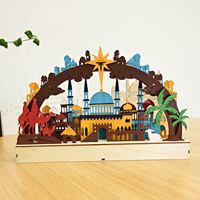 Ornement en bois 3D pour le Ramadan, scène de mosquée peinte, décoration de table Eid Mubarak, décoration de fête islamique musulmane Ramadan Kareem pour la maison