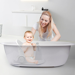 Siège de bain pour bébé avec design antidérapant pour nourrissons et tout-petits, petite taille, tabouret de baignoire pliable en plastique, gris et bleu - Product Image 1