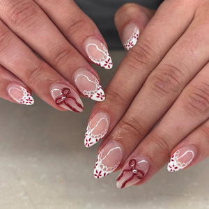 Venta al por mayor medio hecho a mano 3D flor tropical almendra perla <span class=keywords><strong>diseño</strong></span> cuadrado patrón prensa <span class=keywords><strong>Uñas</strong></span> acrílicas para dedos 24 piezas - Product Image 6