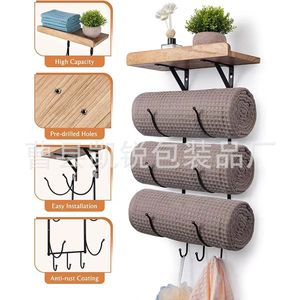 Iron And Wood Wall Mounted Towel Rack 3 <b>Bars</b> Organizer <b>Shelf</b> For Bathroom Storage - Product Image 1