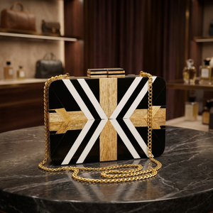 Luxury Wooden <b>Clutch</b> <b>Bag</b> <b>Black</b> White Geometric Pattern Gold Chain Exquisite Design Unique Style New Arrival Latest Design - Product Image 1