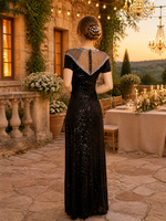 Robe de soirée noire à sequins, col illusion, garniture en perles et cristaux, manches courtes, coupe trapèze, longueur ras du sol, robe de soirée formelle, vente en gros