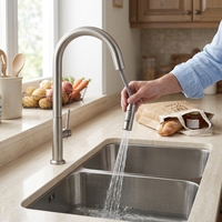 Robinet de cuisine monocommande 1 trou en acier inoxydable SUS 304, style européen moderne, avec douchette extractible et flexible col de cygne