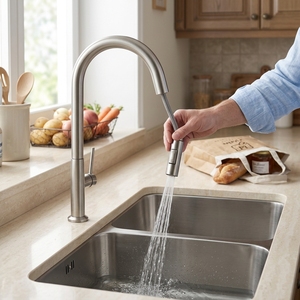 Robinet <span class=keywords><strong>de</strong></span> cuisine monocommande 1 trou en acier inoxydable SUS 304, style européen moderne, avec douchette extractible et flexible <span class=keywords><strong>col</strong></span> <span class=keywords><strong>de</strong></span> <span class=keywords><strong>cygne</strong></span> - Product Image 2