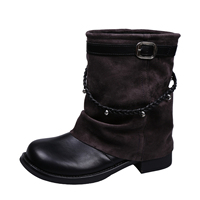 Bottes mi-mollet souples pour femmes, bout rond, semelle plate, boucle, sangle tressée, bottes de style western, 2 couleurs