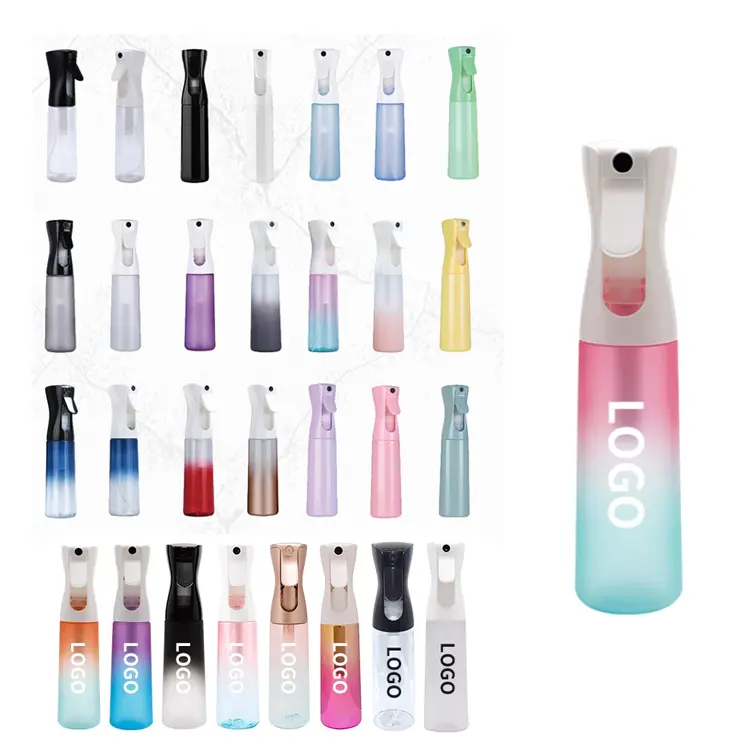 Custom Salon Continuous Mist Spray Bottle Bulk Reusable Refillable Gradient Continuous Plastic Fine Mister Hair Spray BottlesHot