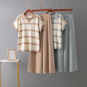 Women's Summer New Casual Fashion Sweater Set Breathable Striped Pattern Knitted Top and Wide Leg <b>Pants</b> with Loose Fit - Product Image 1