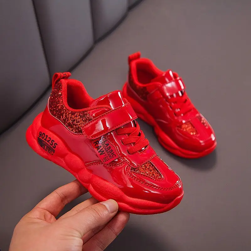 Children Sneakers Girls Red Tennis Shoes Boys Black Sport Footwear Glitter Kids Chaussure Zapatos Bebe Casual Paillet New