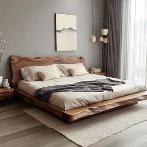 Cama de Madera Maciza de Caoba, Diseño de Base Baja, Muebles de Dormitorio de Hotel, Estilo Chino Minimalista Moderno - Product Image 1