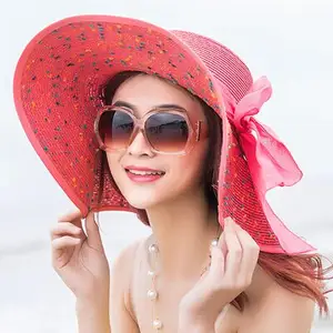 Foldable Large Straw Wide Brim Hat Women Summer Beach Empty Sun Adjustable Bowknot Sunscreen Floppy Straw Hat