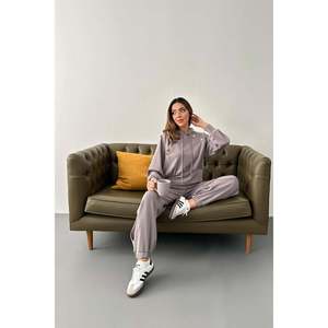 Smoke <b>Grey</b> Hooded Sweatshirt And <b>Cargo</b> Pants Set <b>Women</b> Fleece Casual Full Sleeve Breathable Jogger Outfit - Product Image 1
