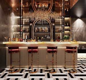 Barra de <span class=keywords><strong>Bar</strong></span> Premium con Panel Dorado a Rayas e Iluminación LED, Estación de <span class=keywords><strong>Bar</strong></span> con Cubierta de Mármol para Locales de Hostelería de Lujo - Product Image 5