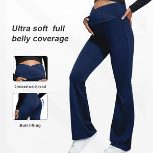 Pantalon de yoga de maternité <span class=keywords><strong>taille</strong></span> haute avec bande de soutien croisée pour le ventre, pantalon évasé ajusté, leggings de <span class=keywords><strong>grossesse</strong></span> automne-hiver pour femme - Product Image 3