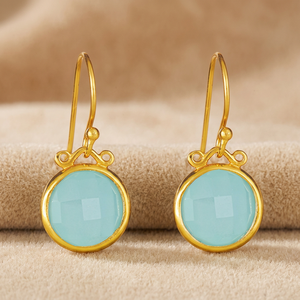 Boucles d'oreilles pendantes en calcédoine bleu aqua, argent sterling 925 plaqué or, pierre précieuse ronde, bijoux fantaisie tendance en gros - Product Image 2