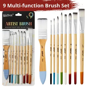 Ensemble de 9 pinceaux à manche en bois pour peinture artistique multifonctionnelle DIY, peinture murale, palette de peinture, craie à l'eau - Product Image 5
