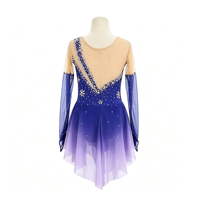 Robe de patinage artistique bleu violet avec strass, manches longues en maille, jupe irrégulière pour enfants et adultes, compétition et performance