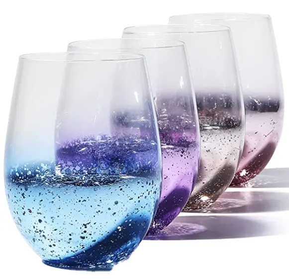 Stemless Wine Glasses Set of 6 Crystal Clear Colored Wine Glass Starry Sky Themed Premium Shiny Drinking Glassware Tumblers