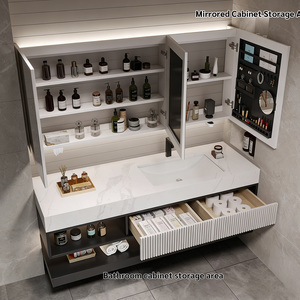 Ensemble de meubles de salle de bain modernes en bois massif OEM avec miroir mural et égouttoir en cuivre, pour usage domestique et hospitalier - Product Image 4
