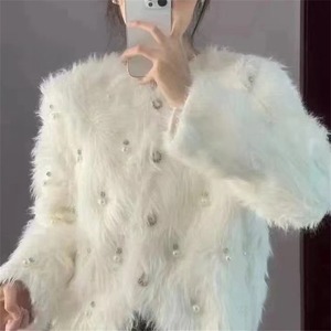 XiaoxiangFeng Pearl Beaded Furry Warm Knitted Cardigans Suéter informal O-cuello <span class=keywords><strong>Cardigan</strong></span> <span class=keywords><strong>Mujer</strong></span> - Product Image 4