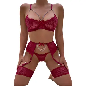 Hochwertige Luxus-Damenunterwäsche Bogen-Gärtel-Gürtel Netz sexy Dessous durchsichtiger BH-Briefsets