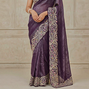 Sari de organza morado oscuro con bordado floral elaborado y blusa para mujer, ropa tradicional india para bodas. - Product Image 5