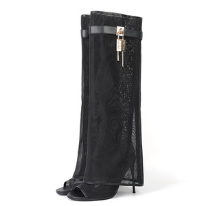 Fishnet Overlay Knee High <b>Boots</b> Women Mesh Pants High Heels Stiletto Metal Shark Lock Summer Shoes Peep Toe Sandals - Product Image 5
