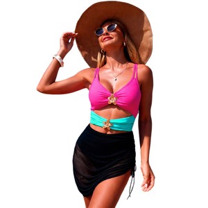 Conjunto de bikini con bloques de color para mujer, traje de baño elástico hueco para playa y deportes acuáticos - Product Image 5