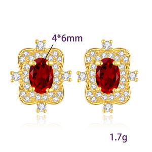 Boucles d'oreilles clous vintage en argent sterling 925 plaqué or, pierres naturelles ovales 4*6mm, grenat et topaze, motif floral, cadeau pour mariage et fête - Product Image 6
