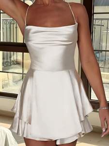 Satin soie femmes Sexy sans manches combinaison courte solide col bénitier automne croix cravate dos nu barboteuse été combishort robe - Product Image 2