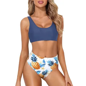 Biquíni de cintura alta com estampa floral para meninas, roupa de praia de duas peças personalizável com desenho de cintura baixa, de alta qualidade