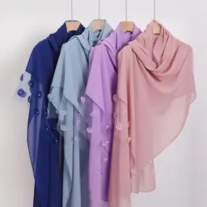 Nueva Llegada Suave Gasa Lisa Con Encaje Flor Pañuelo Moda Dubai Mujeres Musulmanas Hijabs Malasia Árabe Head Wraps Bufandas
