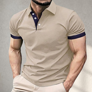 Polo à manches courtes beige pour homme avec bordure marine, boutons, en coton tricoté respirant, design uni, coupe classique - Product Image 3