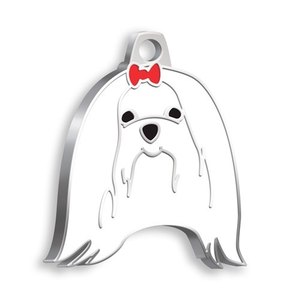 Placa de identificación para perros pequeños, diseño de perro maltés, blanca con lazo rojo. - Product Image 1