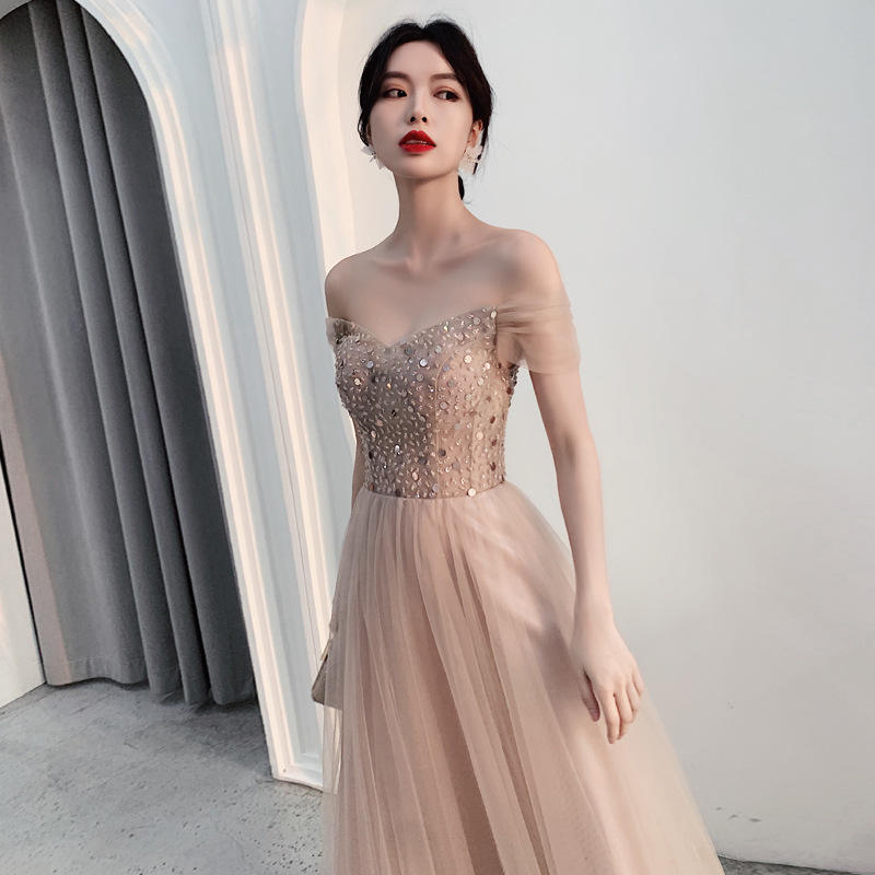 nude wedding guest dress